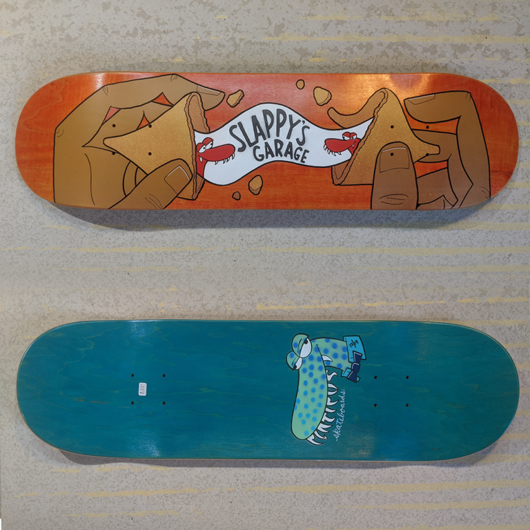 Hand-painted Slappy's Garage Skate Shop x Platipus deck by